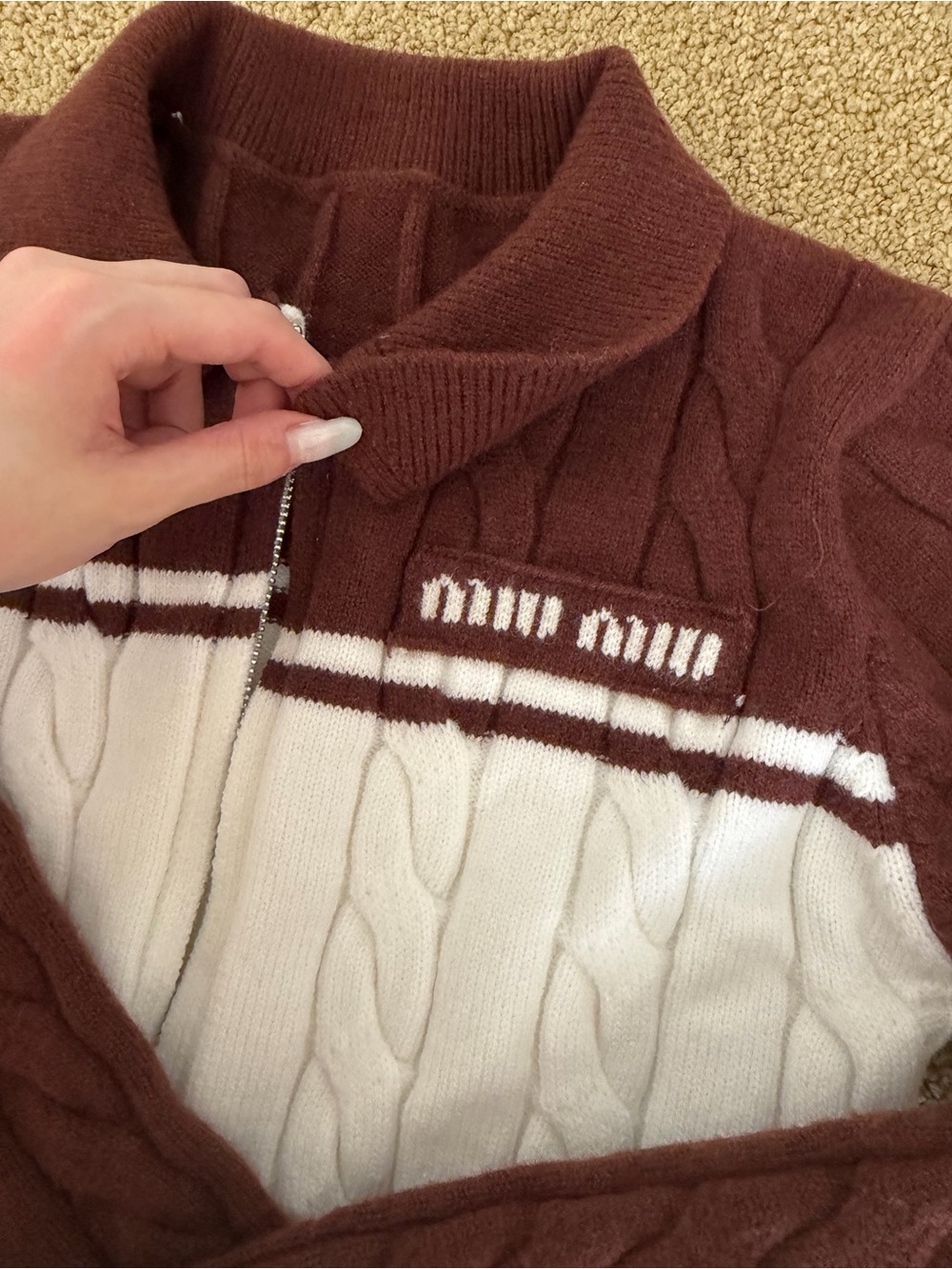Miu Miu Brown and Cream Cable Knit Zip Cardigan
